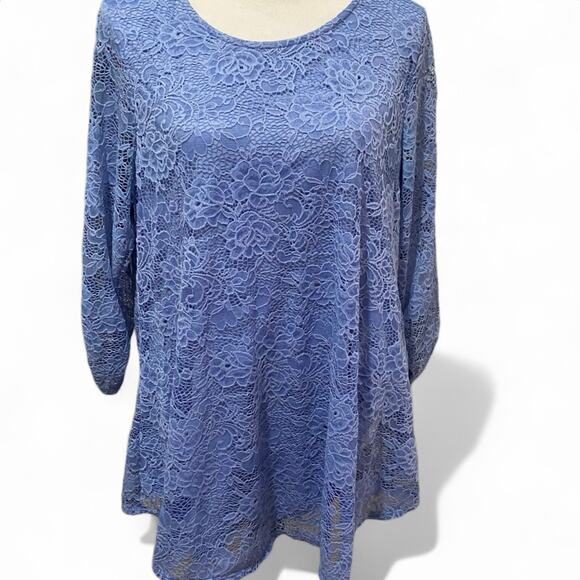 New Directions Blue Lace Top Size Large 3/4 Sleeves Relaxed Fit Tunic - Picture 1 of 6